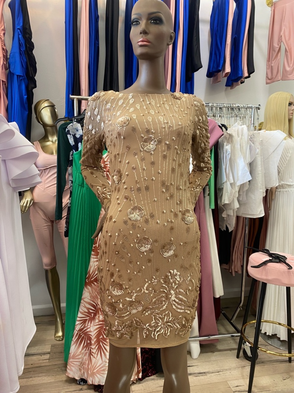 Embellished Nude Sheer Long Sleeve Cocktail Dress